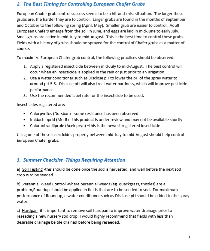 An informative document detailing: - Best timing and methods to control European Chafer grubs, - Summer checklist for soil testing, weed control, and managing hardpan.