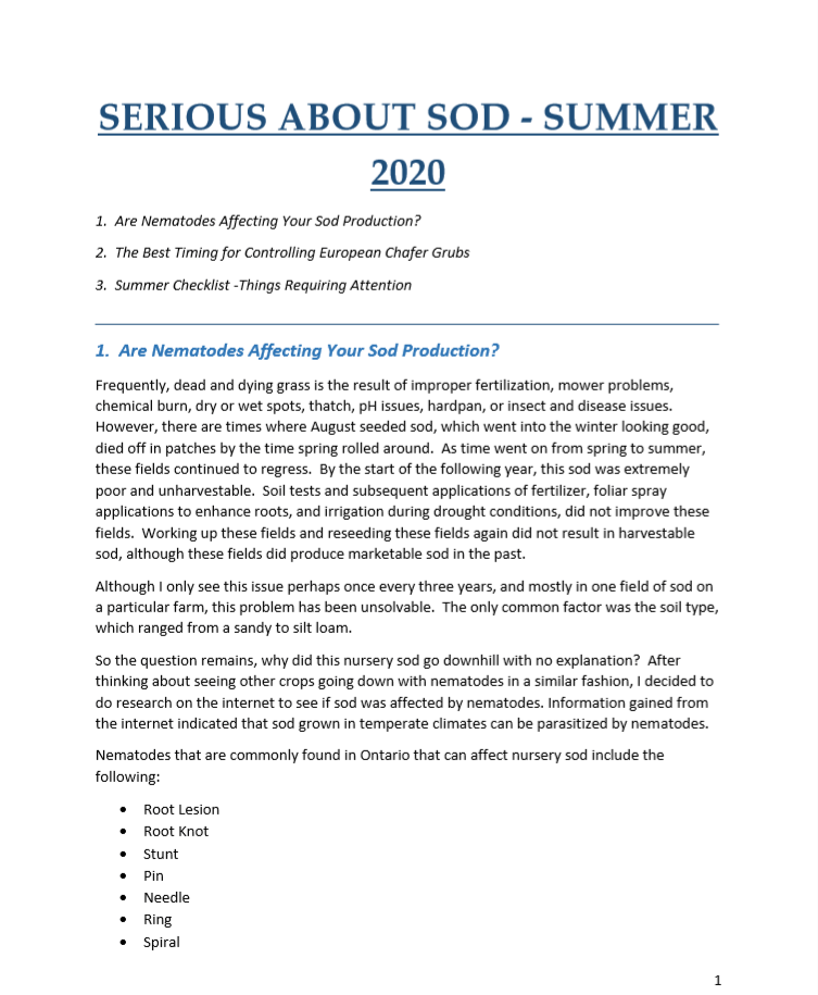 An informational document titled “Serious About Sod - Summer 2020” discussing nematodes, European chafer grubs, and a summer checklist for sod production.