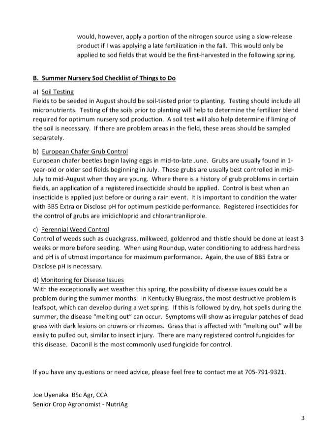 A document provides a summer nursery sod checklist, detailing soil testing, grub control, weed management, and disease monitoring. Includes contact info for a senior agronomist.