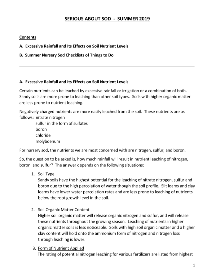 Document titled "Serious About Sod - Summer 2019" discusses soil nutrient levels and summer nursery sod tasks, including effects of rainfall on nutrient leaching.