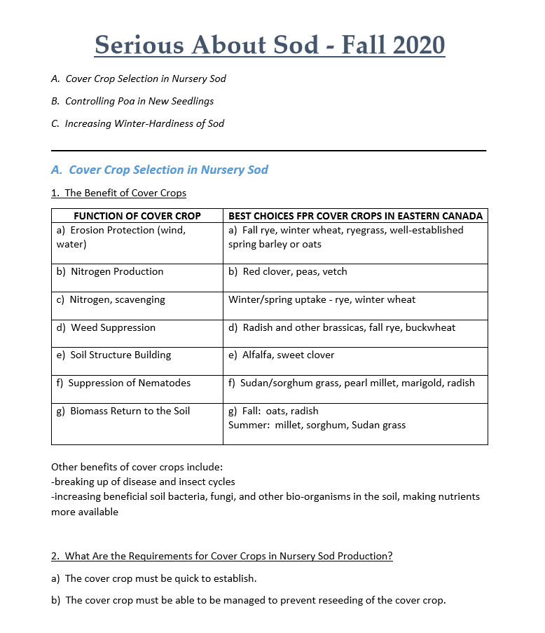 A document detailing the selection of cover crops in nursery sod, including erosion protection, nitrogen production, weed suppression, and soil structure building.