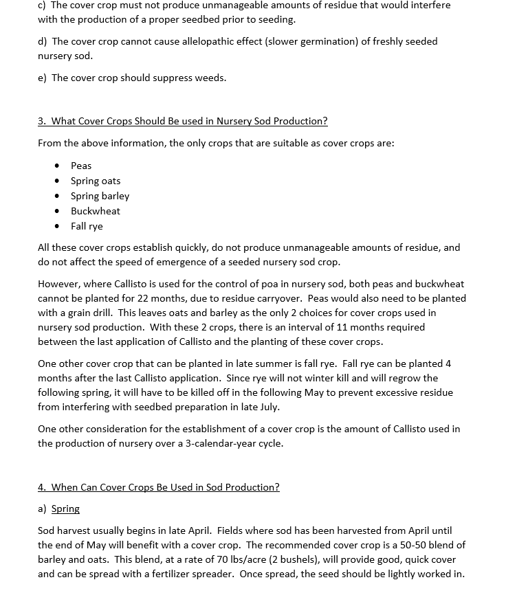 The image shows a document discussing nursery sod production, outlining guidelines for cover crops, suitable crops, and timing for sowing in spring.