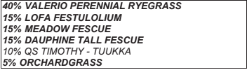 A list detailing grass seed contents, including Valerio Perennial Ryegrass, Lofa Festulolium, Meadow Fescue, Dauphine Tall Fescue, QS Timothy - Tuukka, and Orchardgrass.