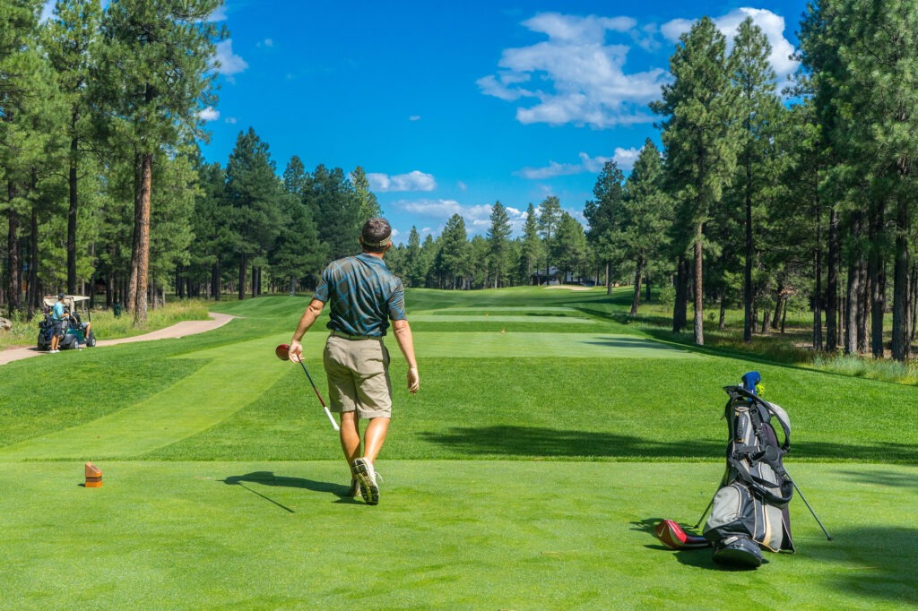 A person stands on a lush golf course preparing to hit a shot, surrounded by tall trees under a bright, blue sky.